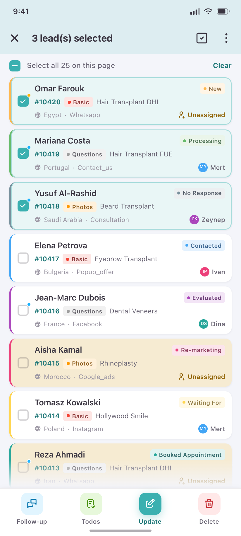 3 leads selected