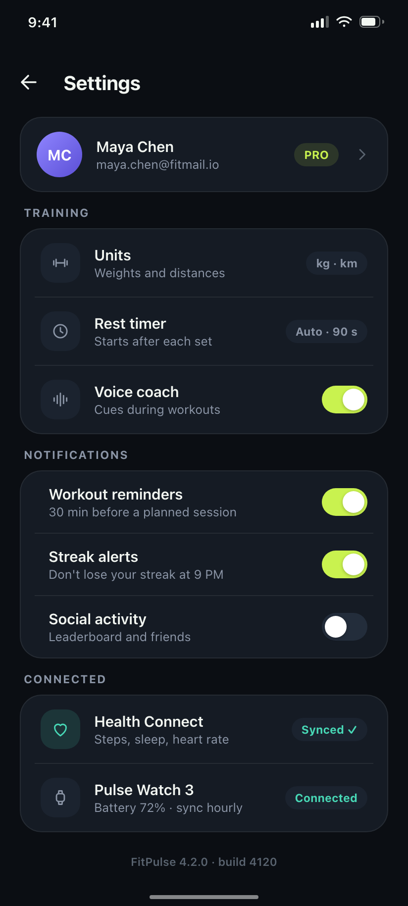 FitPulse settings